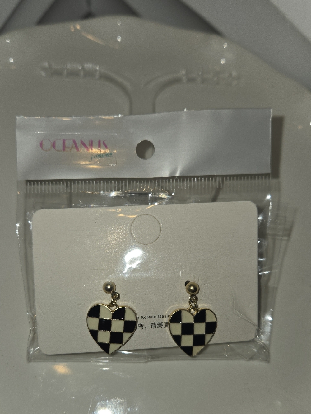 Oceanus Black and White Checkered Heart Drop Earrings